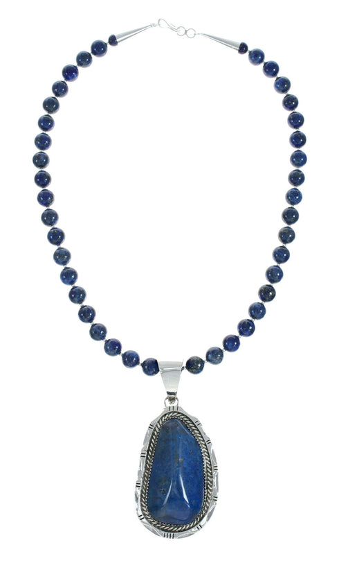 Native American Sterling Silver And Lapis Navajo Bead Pendant Necklace Set X10692